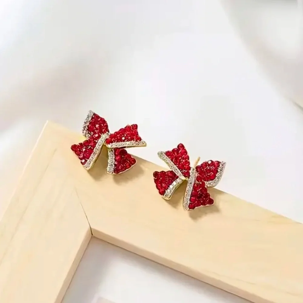 Red Garnet Bow Stud Earrings Simulated Gemstone 14K Gold Plated NWT
